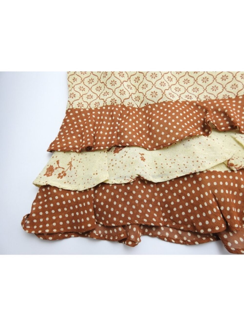 Vintage Moaakt Prairie Cottagecore Ruffle Midi Skirt Brown Cream Women's L - Picture 6 of 9